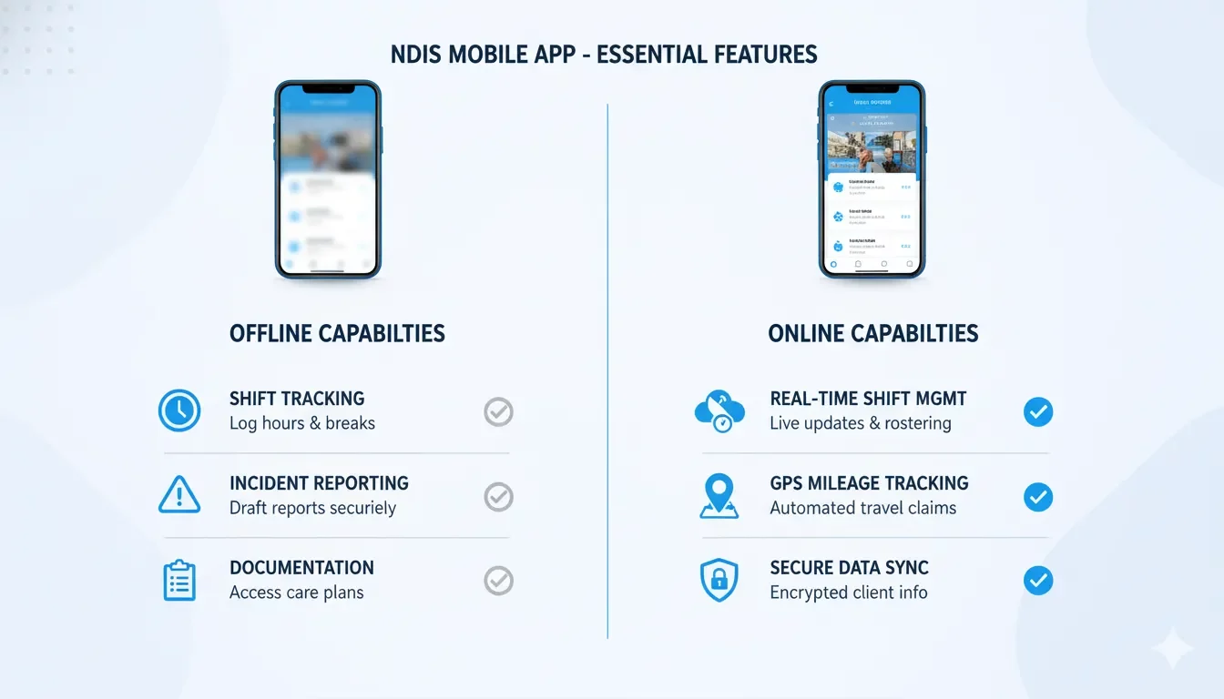 NDIS mobile app essential features infographic showing offline capability and field operations tools