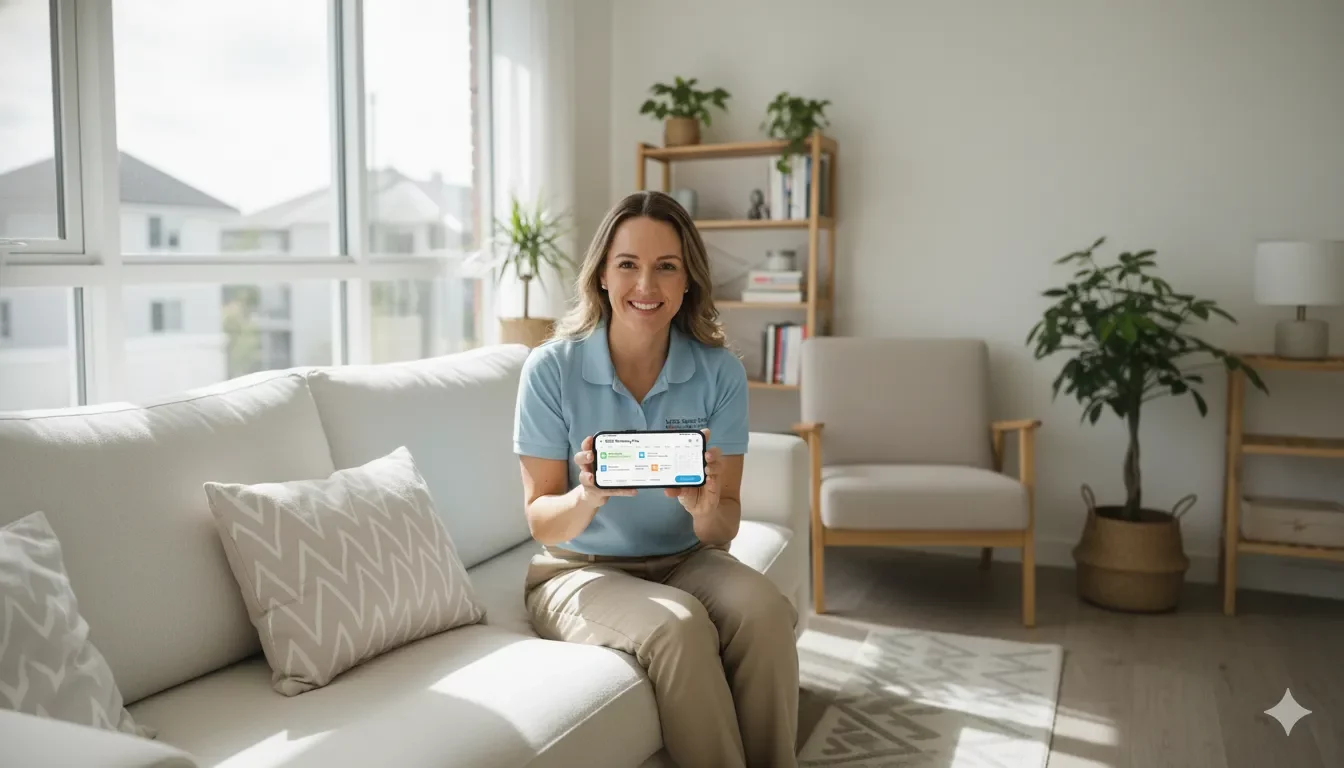 Support worker using NDIS mobile app for shift management in participant home