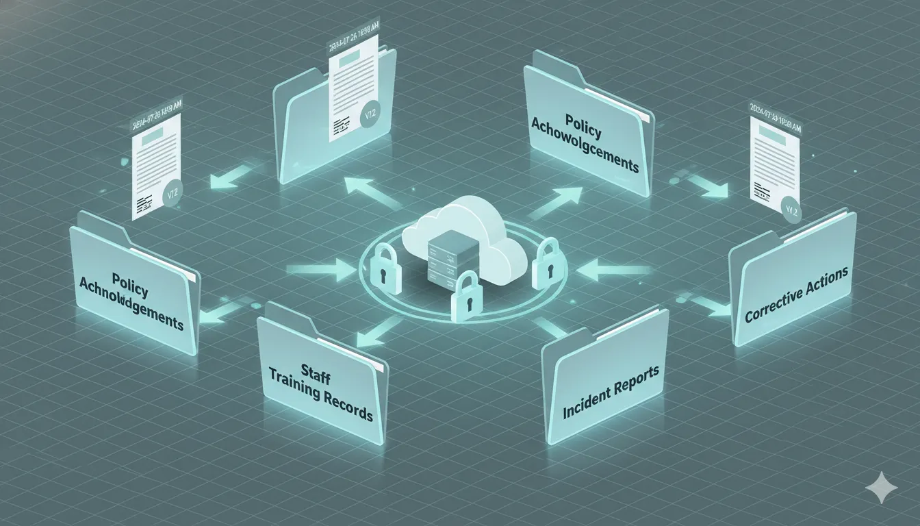 Automated audit trail system showing digital evidence collection, document versioning, and compliance documentation for NDIS providers