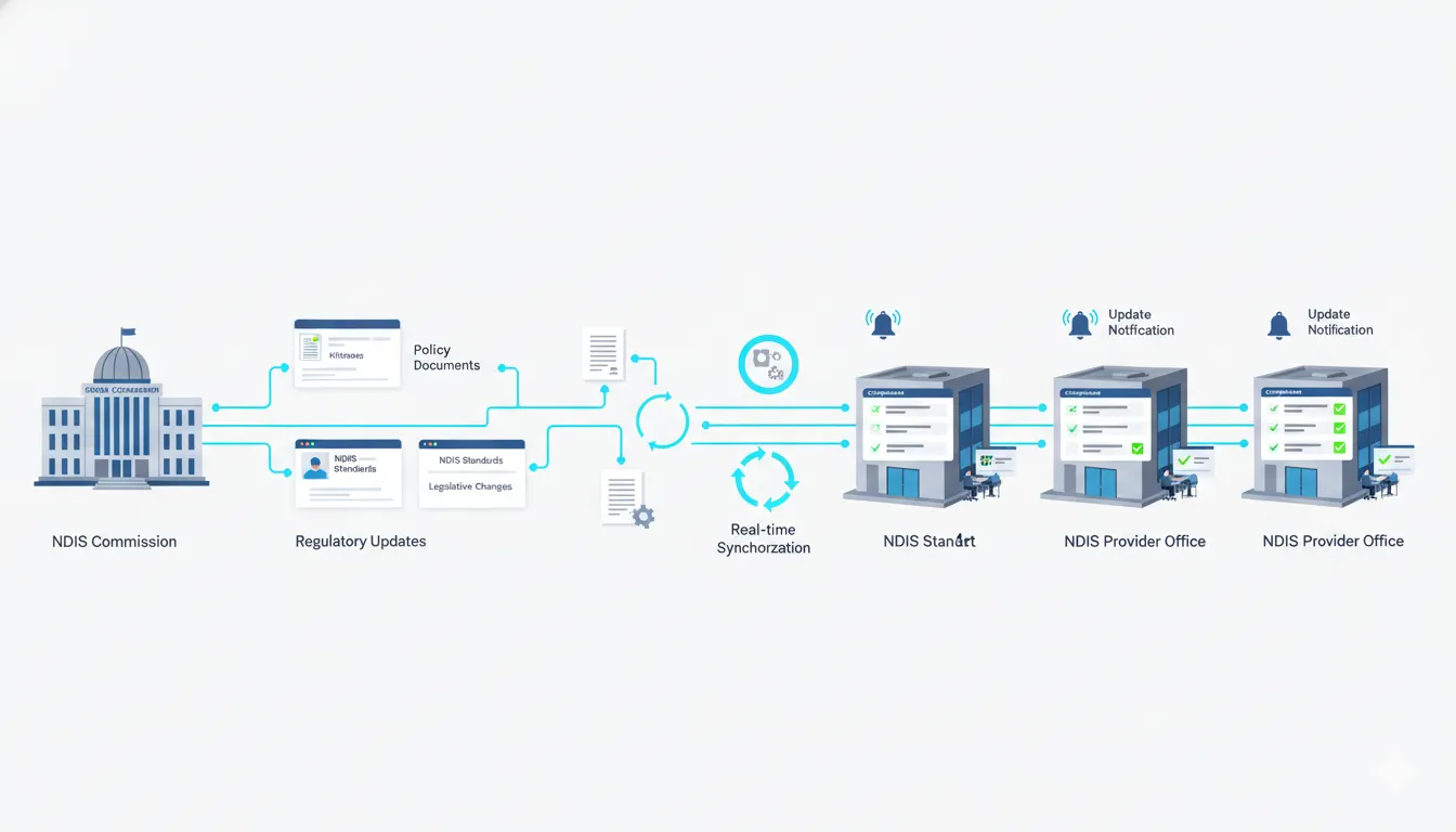 Automated regulatory change management showing NDIS Practice Standards updates flowing through compliance software systems