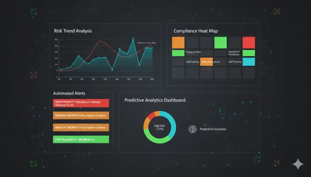 Automated risk monitoring system with trend analysis charts, alert notifications, and preventive action recommendations for NDIS compliance