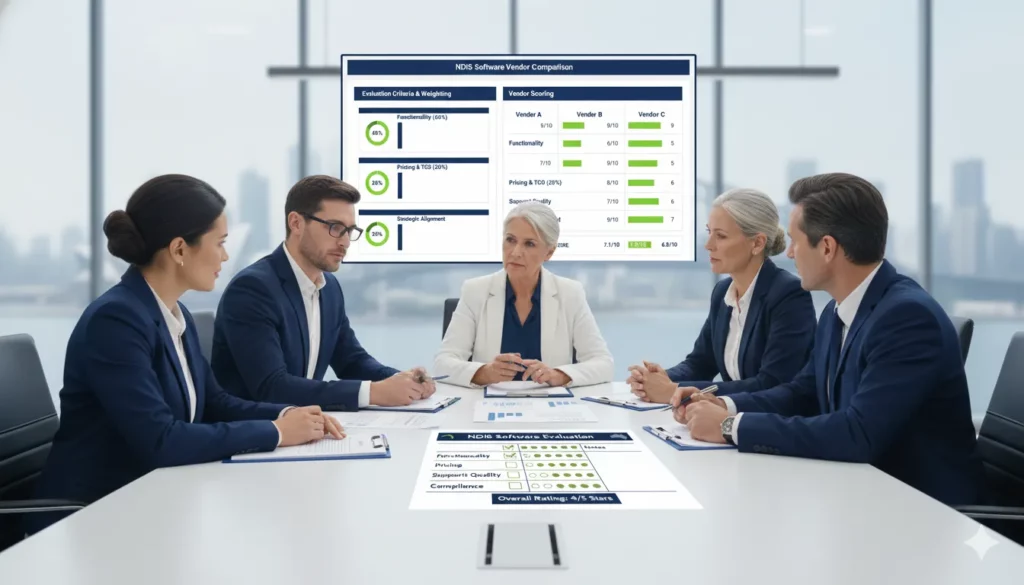 NDIS software vendor selection stakeholder meeting showing collaborative decision-making process