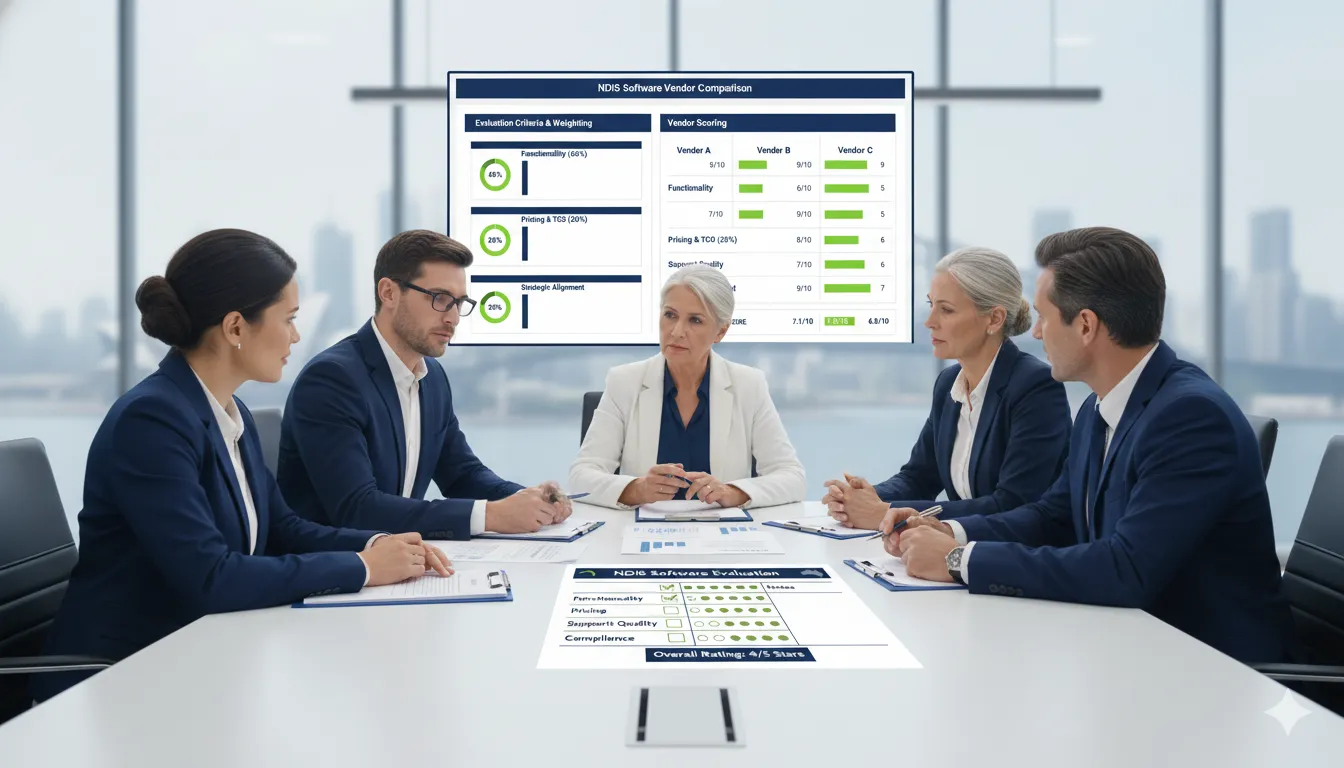 NDIS software vendor selection stakeholder meeting showing collaborative decision-making process