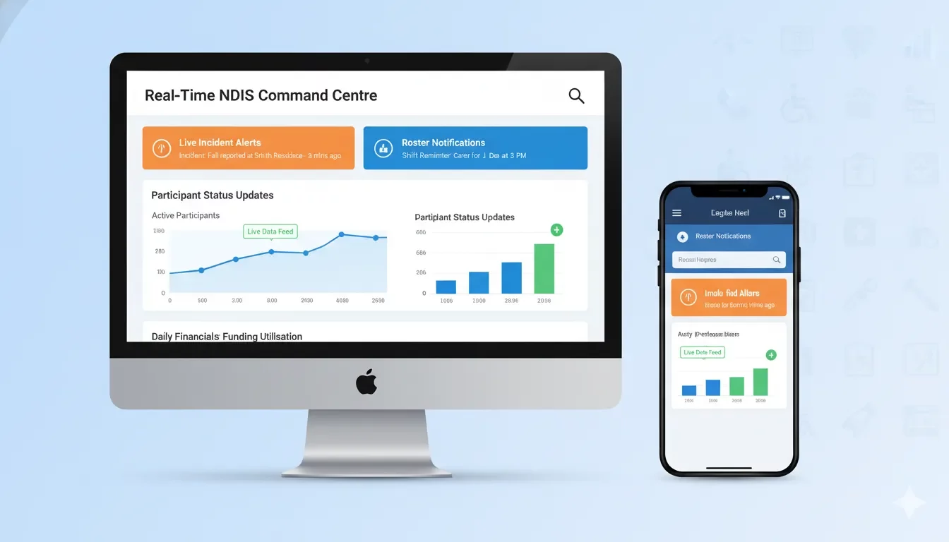 Real-time NDIS reporting dashboard with mobile and desktop views showing live data updates