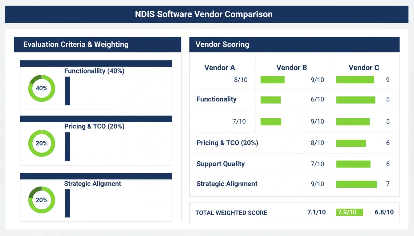 Weighted scoring criteria matrix for NDIS software vendor comparison showing functionality, pricing, support and strategic alignment