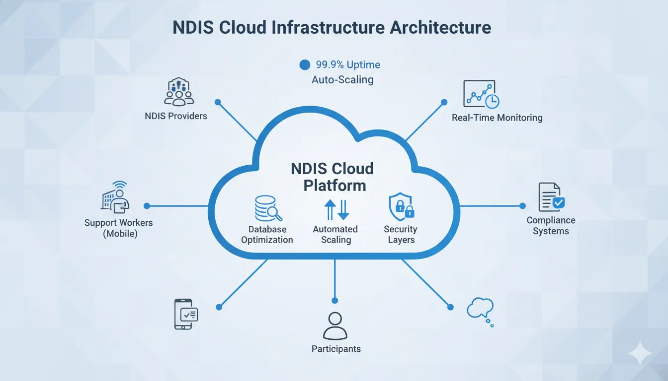 "Cloud infrastructure architecture diagram for NDIS software showing automated scaling, security, and real-time performance monitoring