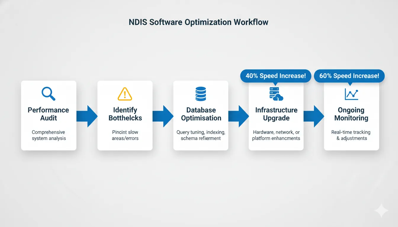 NDIS software optimisation workflow showing 5-step process from audit to ongoing monitoring with performance improvements